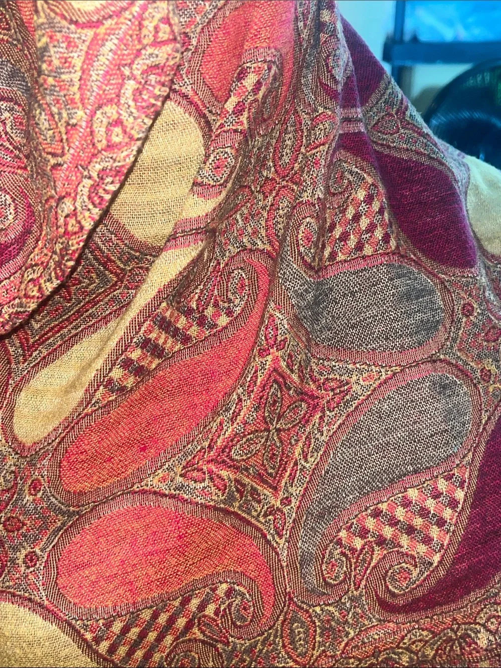 pashmina Paisley Pashmina Wrap in Burgundy, Gold, Rust, and Gray